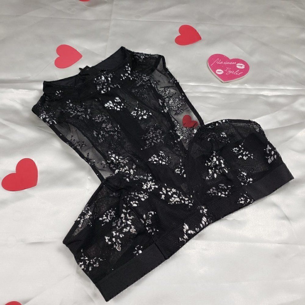 VS Very Sexy Black Shine Lace High-Neck Bra Small